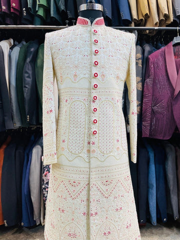 Ivory coloured silk indian wedding sherwani