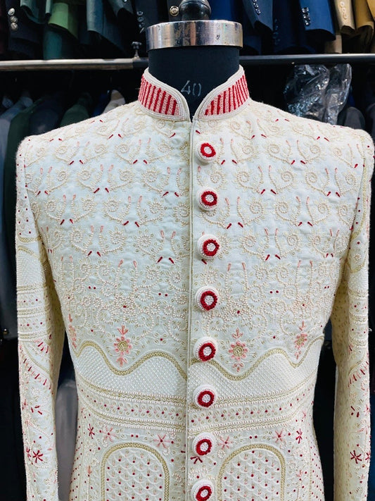 Ivory coloured silk indian wedding sherwani
