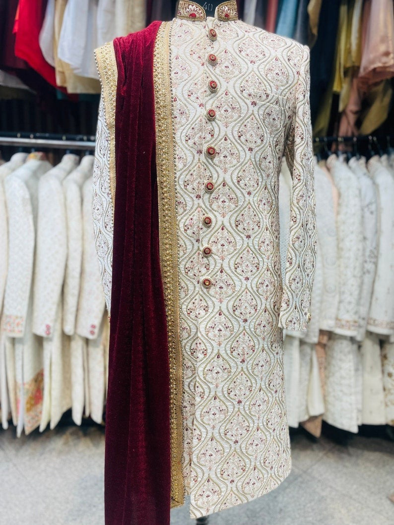 Ivory gold hand embroidered groom sherwani