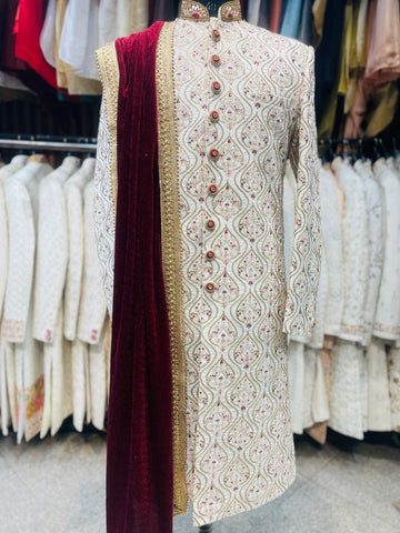 Ivory gold hand embroidered groom sherwani