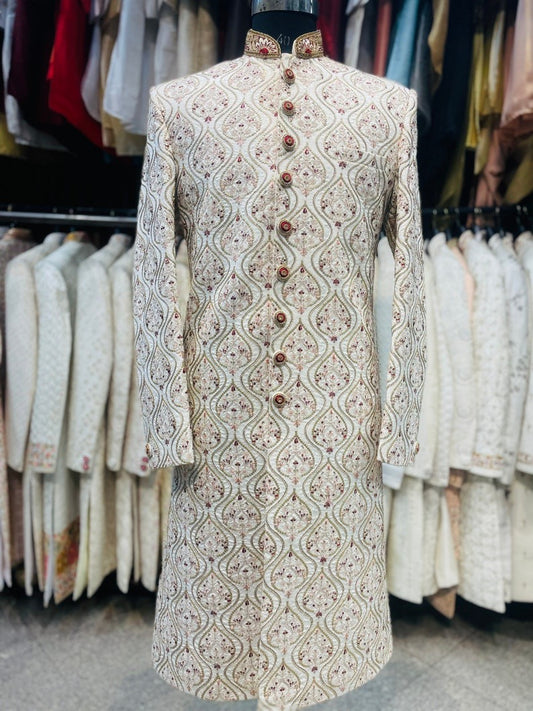 Ivory gold hand embroidered groom sherwani