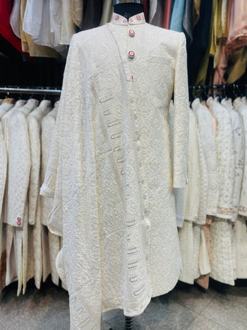 Ivory thread work embroidered groom sherwani