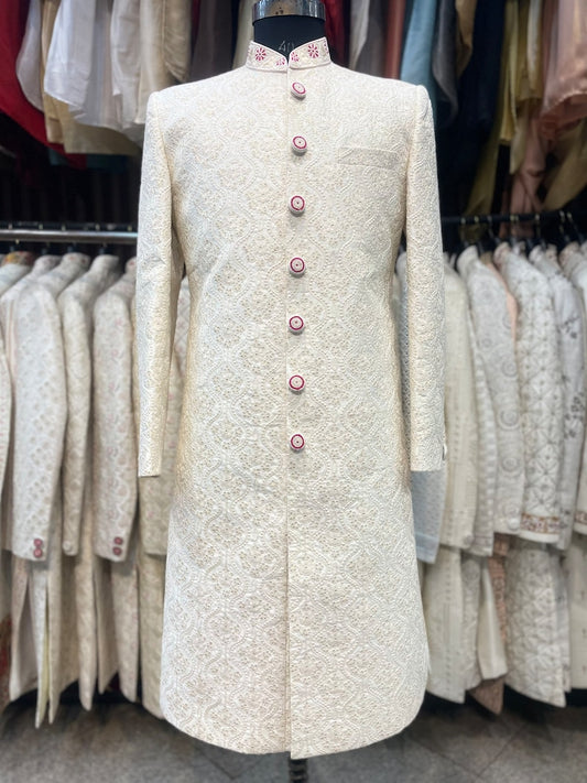 Ivory thread work embroidered groom sherwani