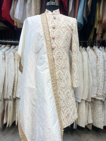 Ivory magenta heavy hand embroidered groom sherwani