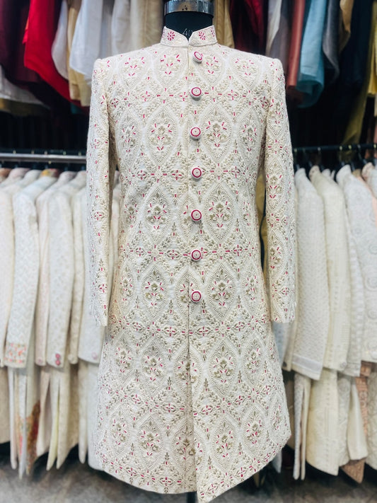 Ivory magenta heavy hand embroidered groom sherwani