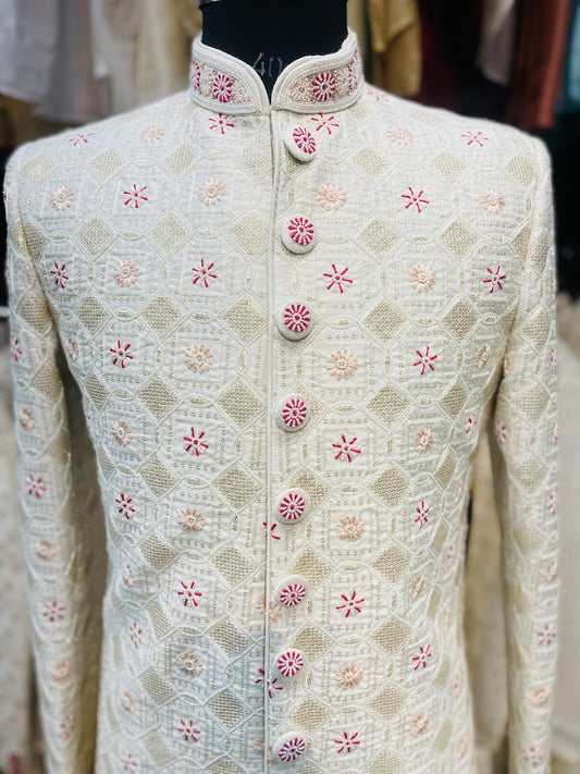 Ivory hand embroidered groom sherwani
