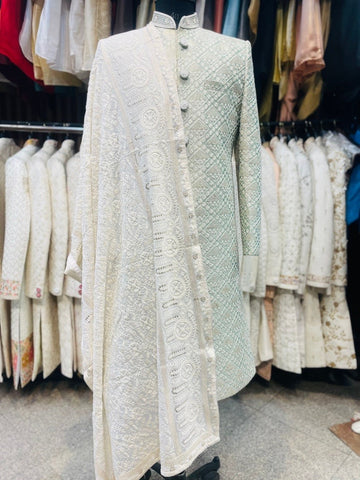 Green coloured silk wedding sherwani