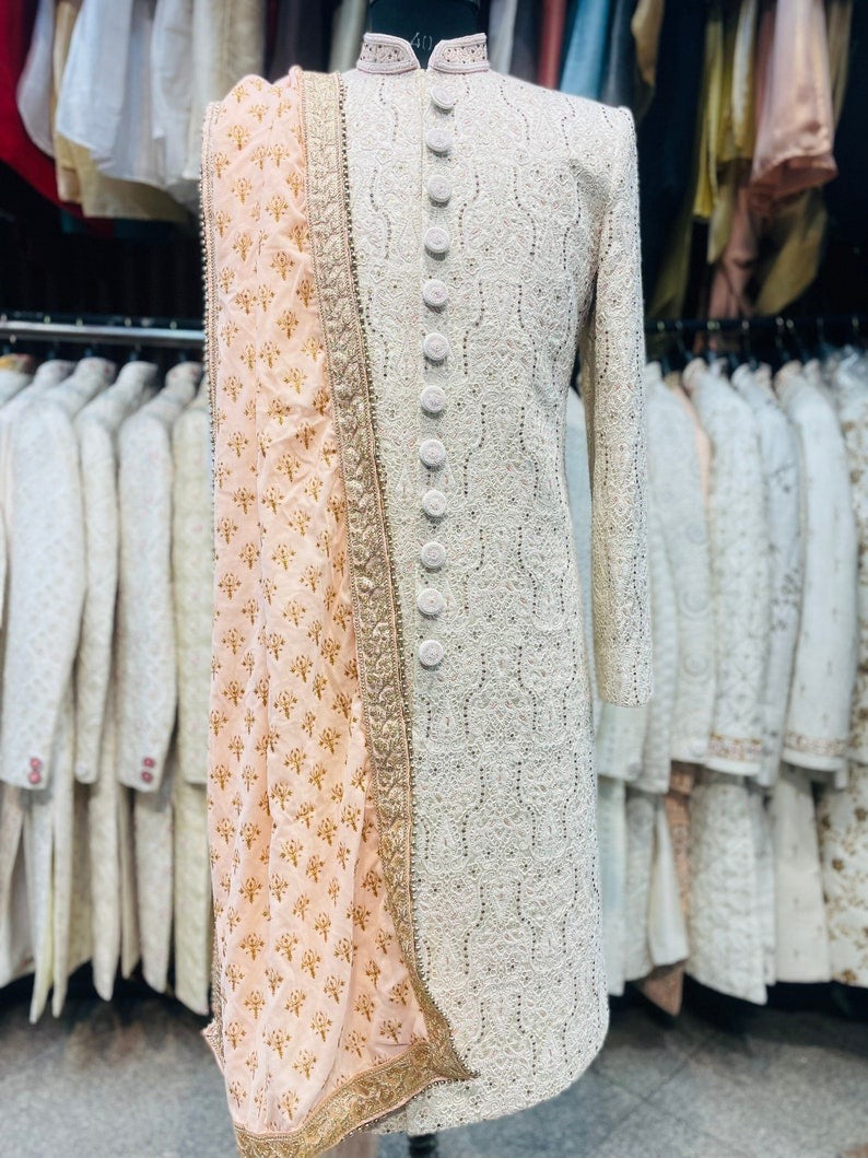 Ivory peach hand embroidered groom sherwani