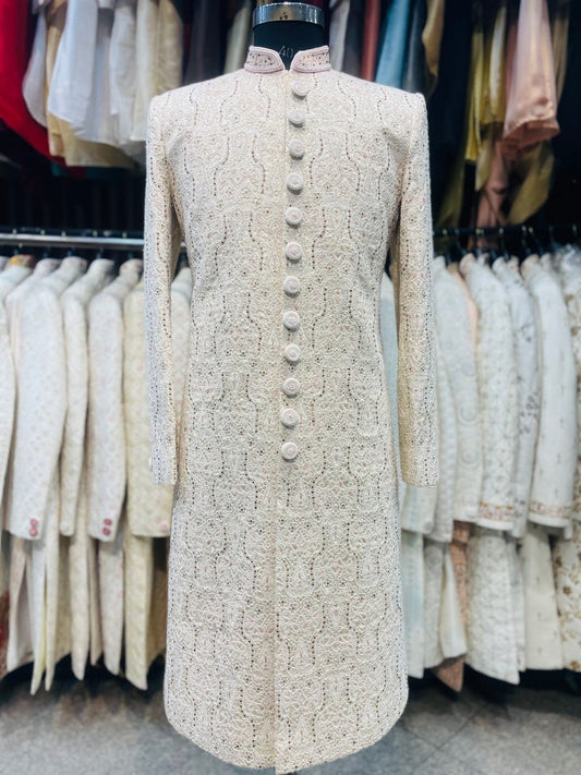 Ivory peach hand embroidered groom sherwani