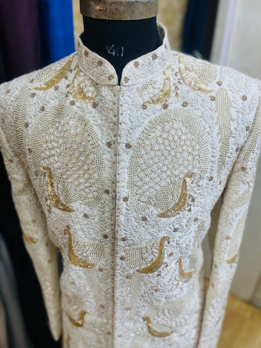 Ivory heavy hand embroidered sherwani