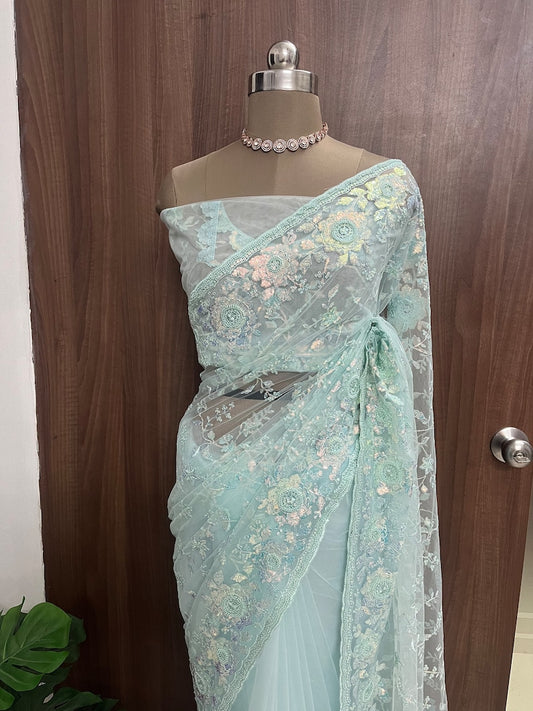 Beautiful pastel blue net saree
