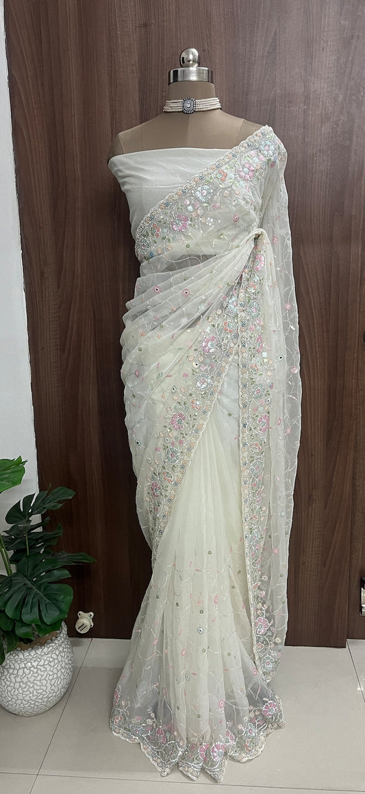 Beautiful cream white color soft organza saree
