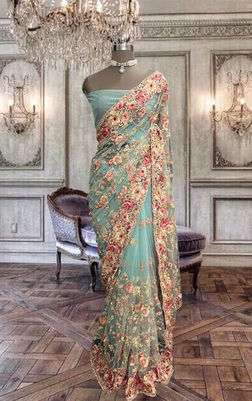 Beautiful cyan blue color net saree with multi color floral embroidery