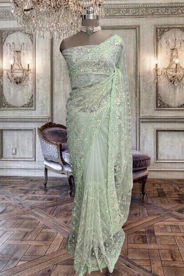 Beautiful pastel green net saree with pearls