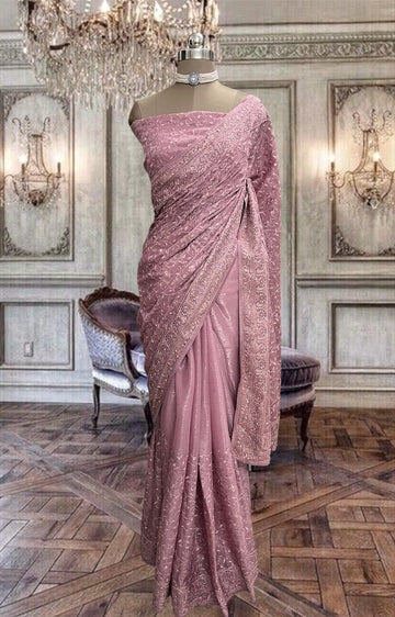 Beautiful onion pink Jimmy choo organza saree with thread work