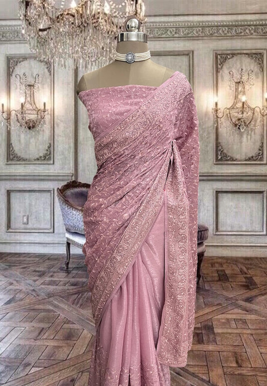 Beautiful onion pink Jimmy choo organza saree with thread work