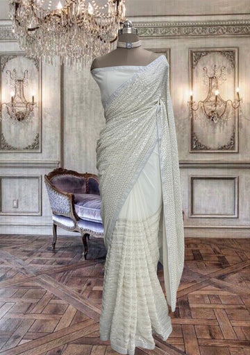 Beautiful daisy white Georgette saree with sequins work