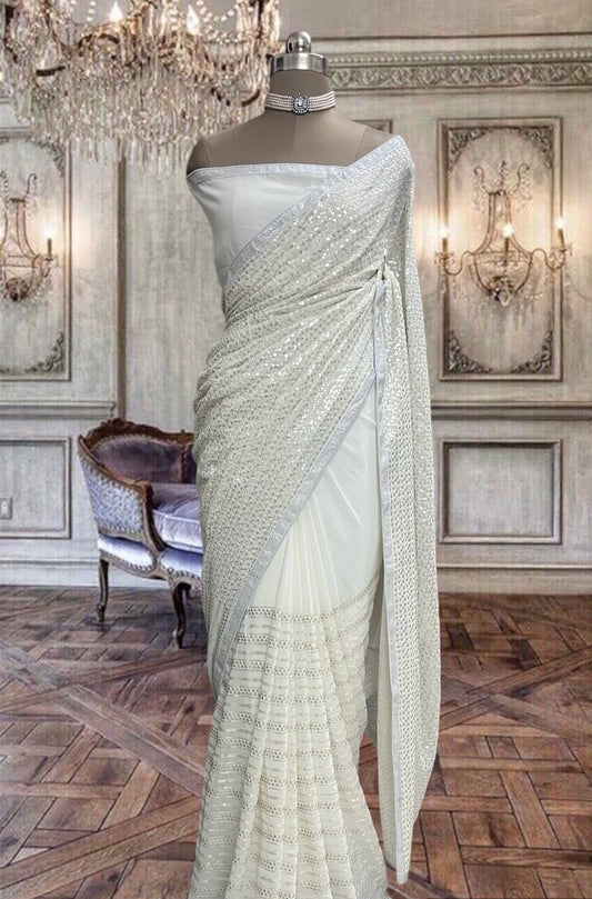Beautiful daisy white Georgette saree with sequins work