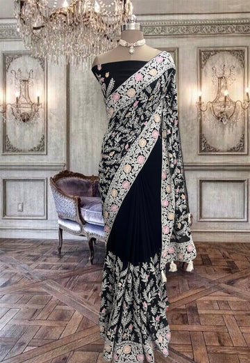 Beautiful black georgette saree with thread work