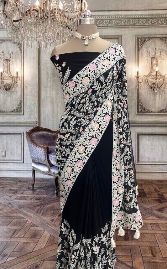 Beautiful black georgette saree with thread work