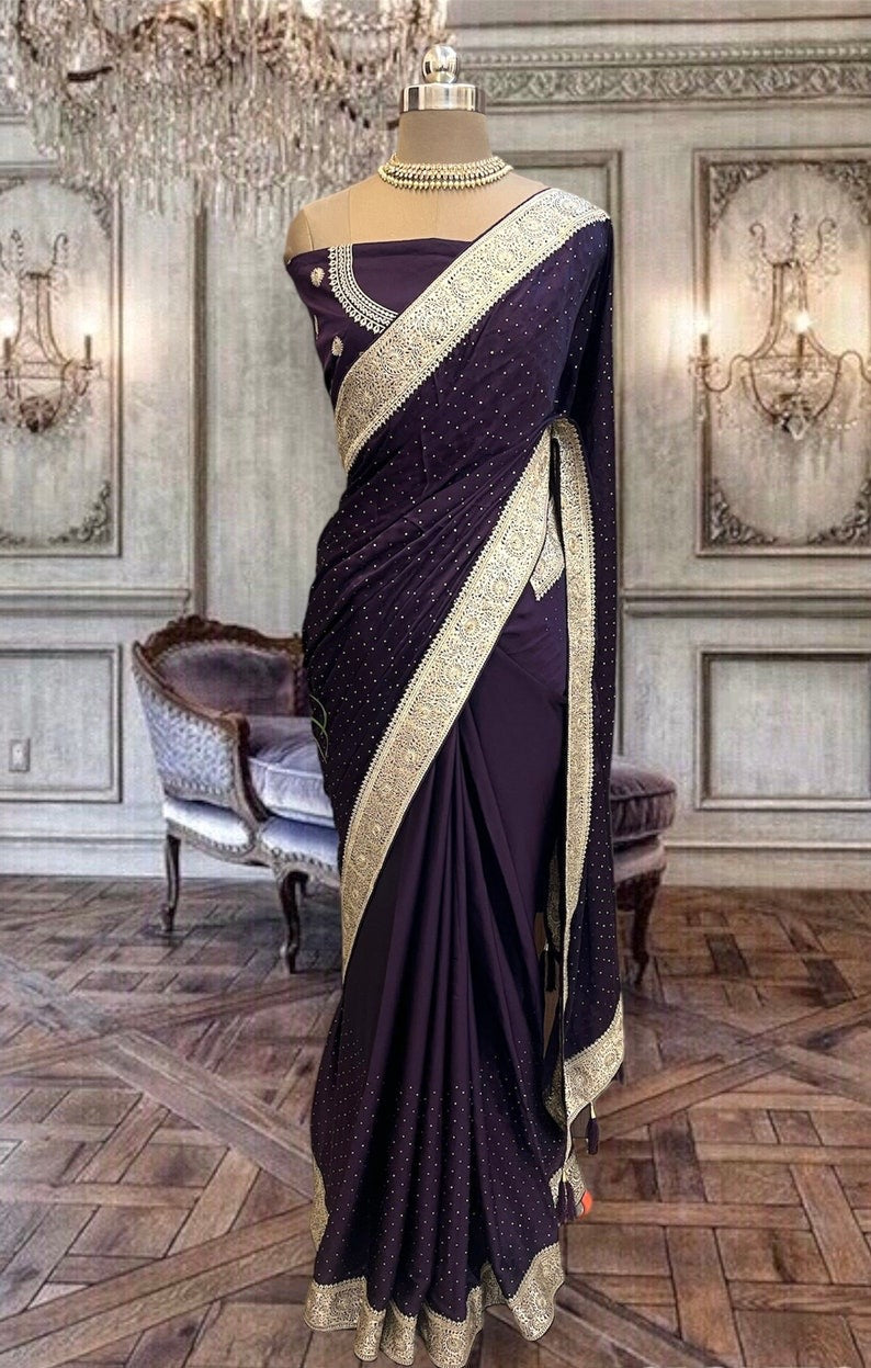 Beautiful deep purple satin saree with zari border