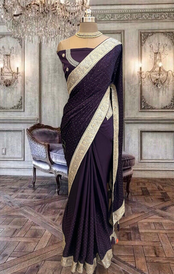 Beautiful deep purple satin saree with zari border