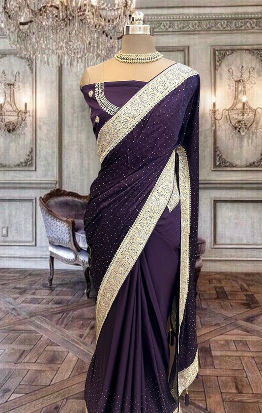 Beautiful deep purple satin saree with zari border