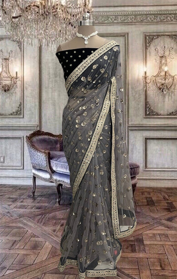 Beautiful grey colored net saree with sequins work