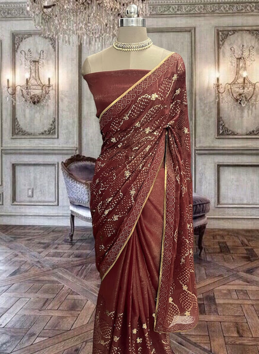 Beautiful brown shimmer georgette saree with sequins work