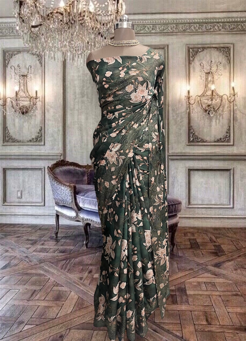 Beautiful green digital printed satin georgette saree