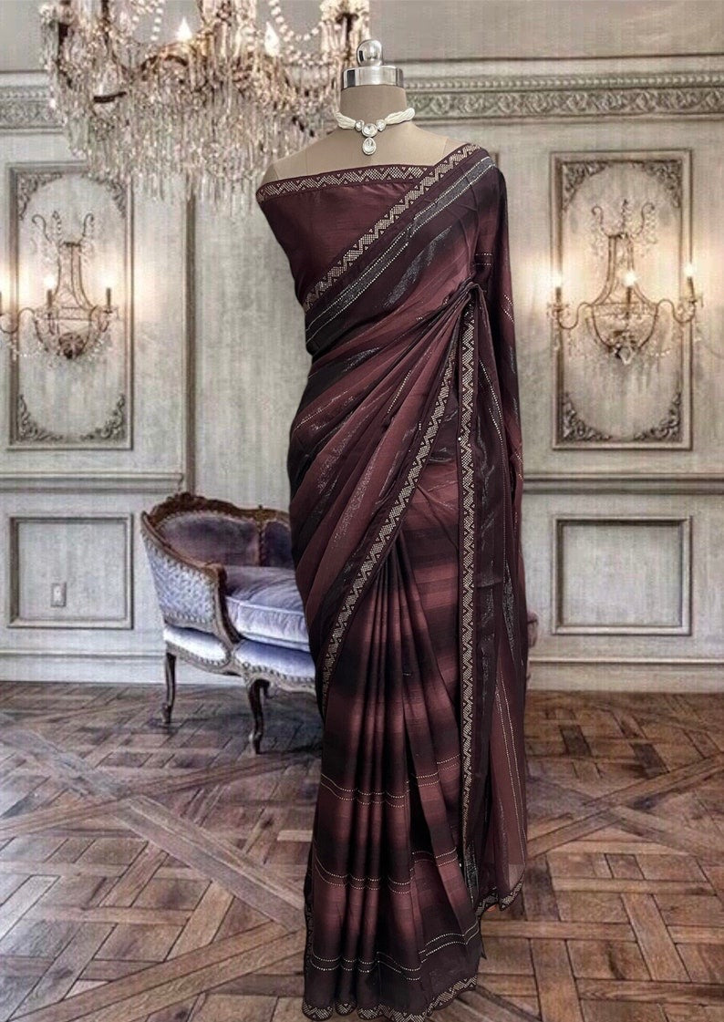 Beautiful brown satin georgette saree with art silk