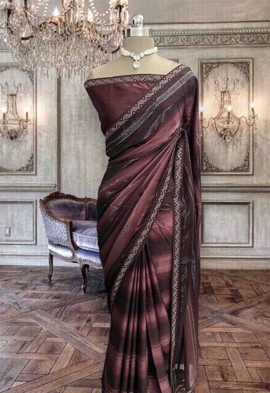 Beautiful brown satin georgette saree with art silk