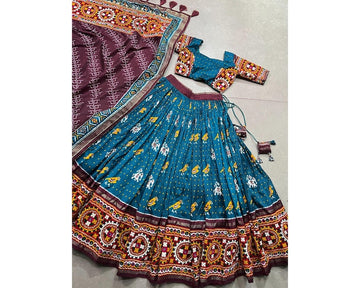 Firoji Color Floral And Patola Print With Foil Work Tussar Silk Lehenga Choli