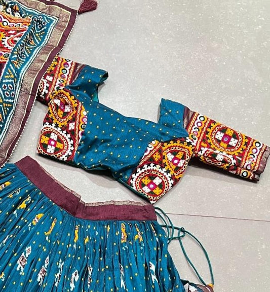 Firoji Color Floral And Patola Print With Foil Work Tussar Silk Lehenga Choli