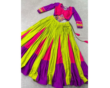 Multi Color Pure Rayon Navratri Lehenga Ready To Wear Set With Patch Work
