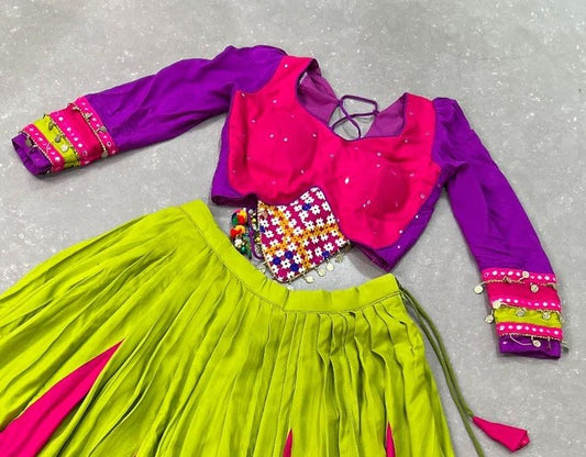 Multi Color Pure Rayon Navratri Lehenga Ready To Wear Set With Patch Work