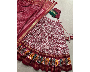 Red Color Floral And Patola Print With Foil Work Tussar Silk Lehenga Choli