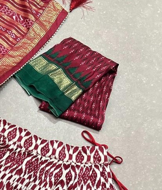 Red Color Floral And Patola Print With Foil Work Tussar Silk Lehenga Choli