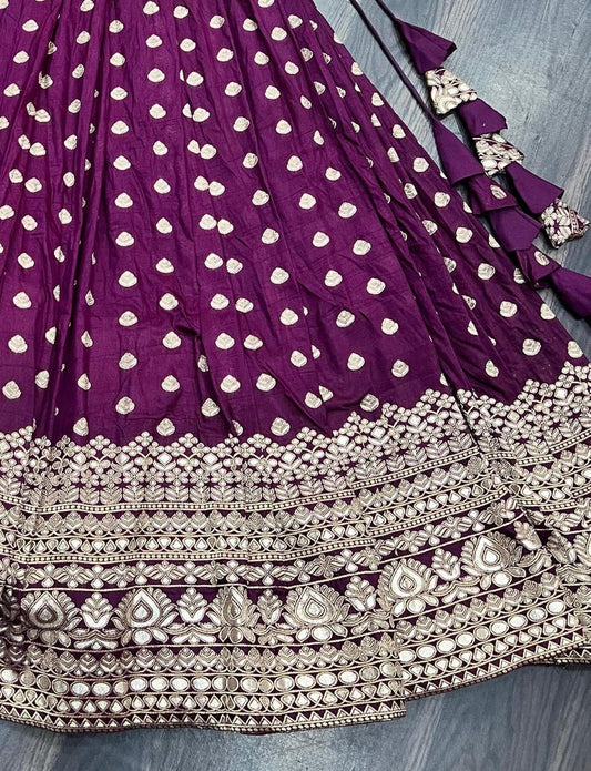 ViscoseReception Wear Jacquard With Embroidered Work Wine Lehenga Choli Chanderi Lehenga Choli
