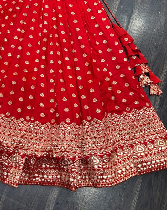 Reception Wear Jacquard With Embroidered Work Wine Lehenga Choli