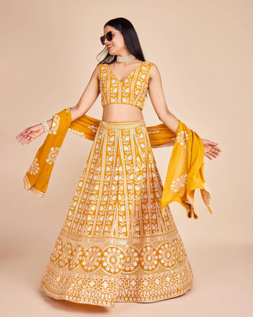 Net Embroidery Chain Work With Diamond Work Lehenga With Net Embroidery Chain & Diamond Work Choli And Net With Four Side Embroidery Chain Lace Border Work