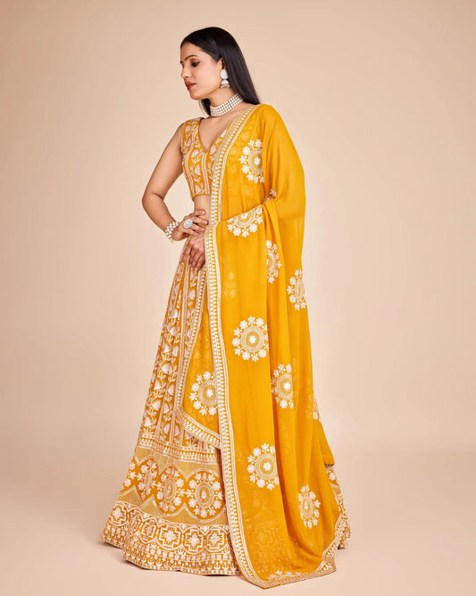 Net Embroidery Chain Work With Diamond Work Lehenga With Net Embroidery Chain & Diamond Work Choli And Net With Four Side Embroidery Chain Lace Border Work